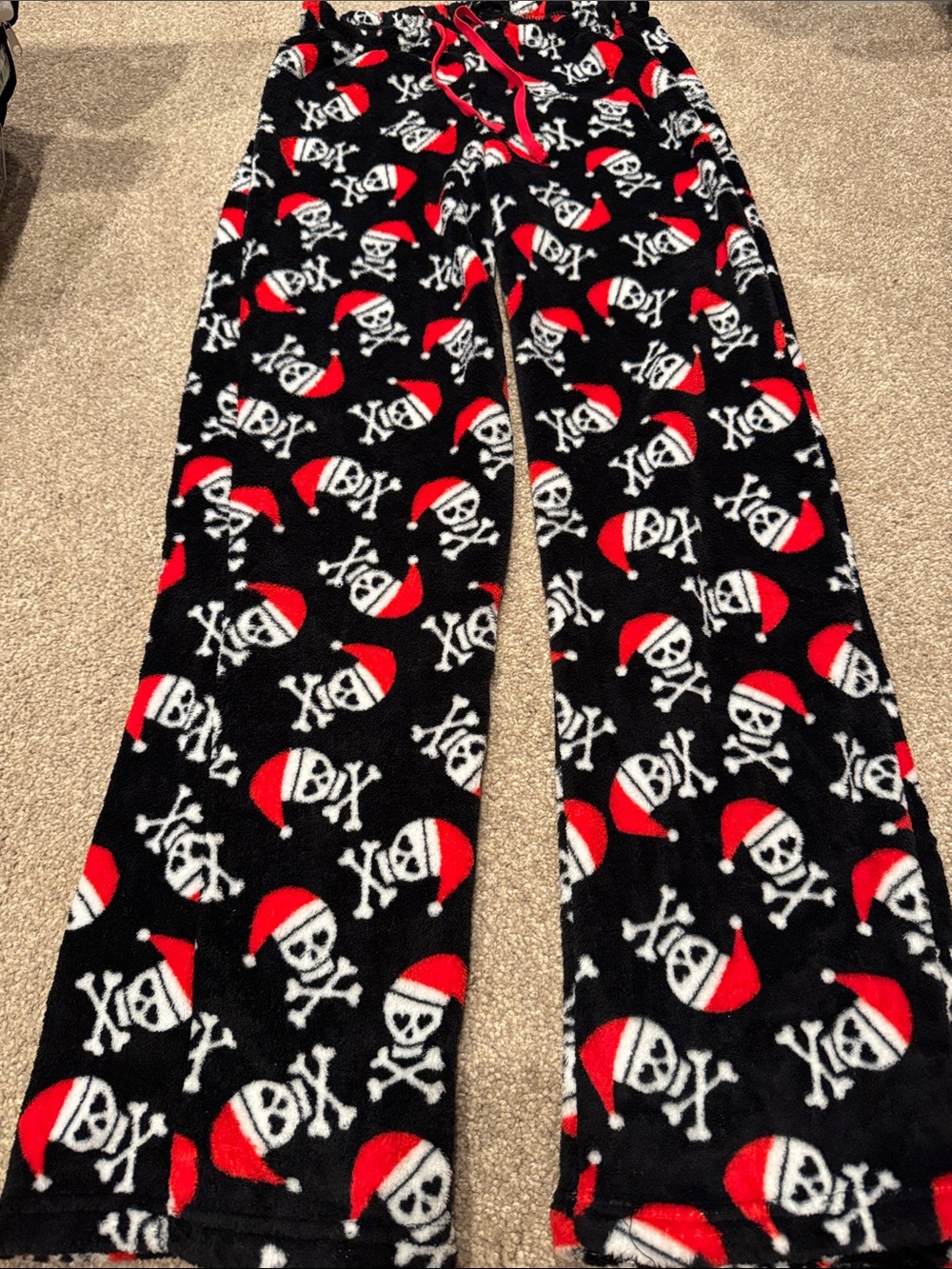 Just Love Black Lounge Pajama Pants w/ Red and White Skull with Santa Hat Print